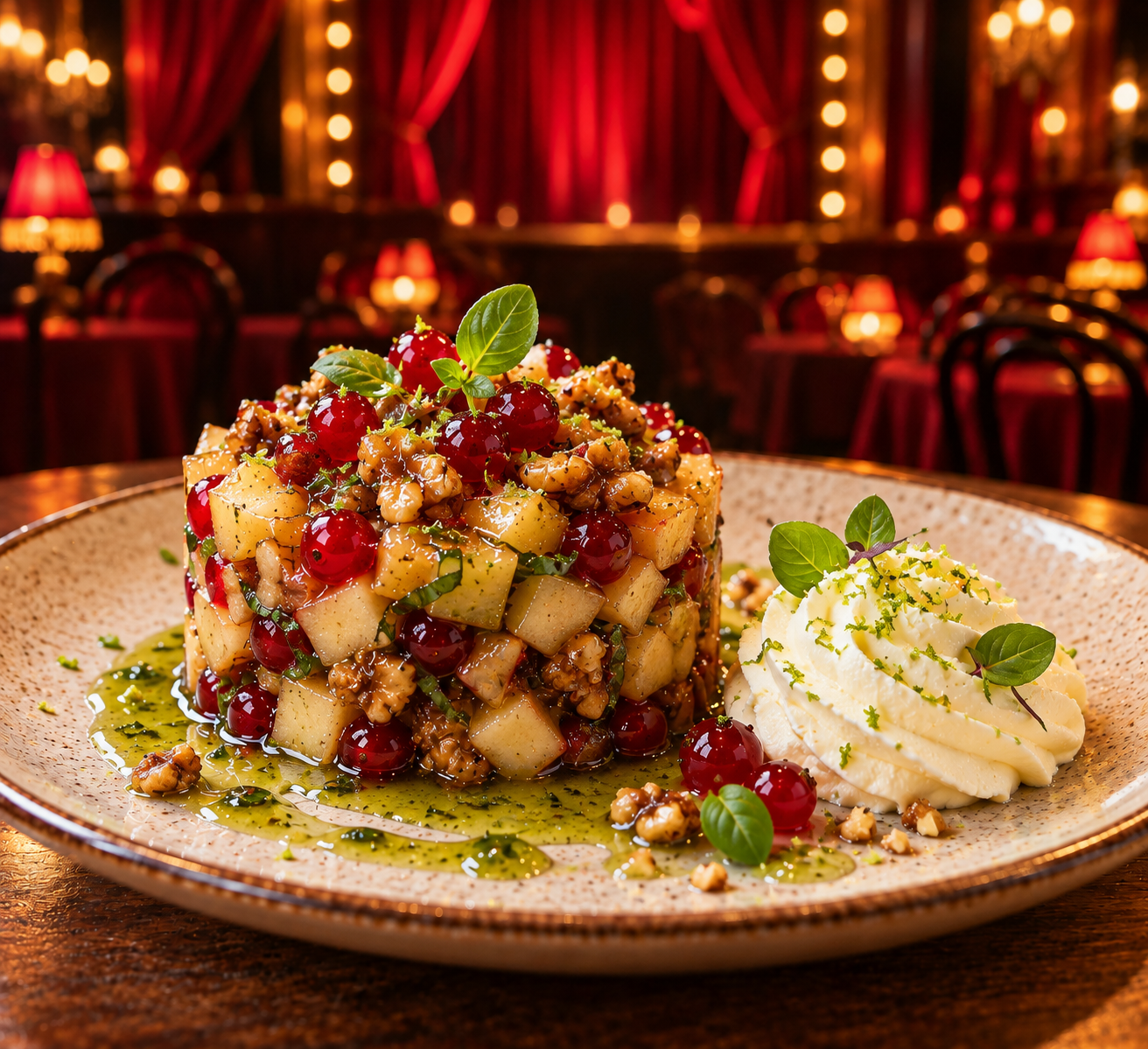 Illustration du tartare de pommes aux groseilles et aux noix, avec chantilly — photo non contractuelle.